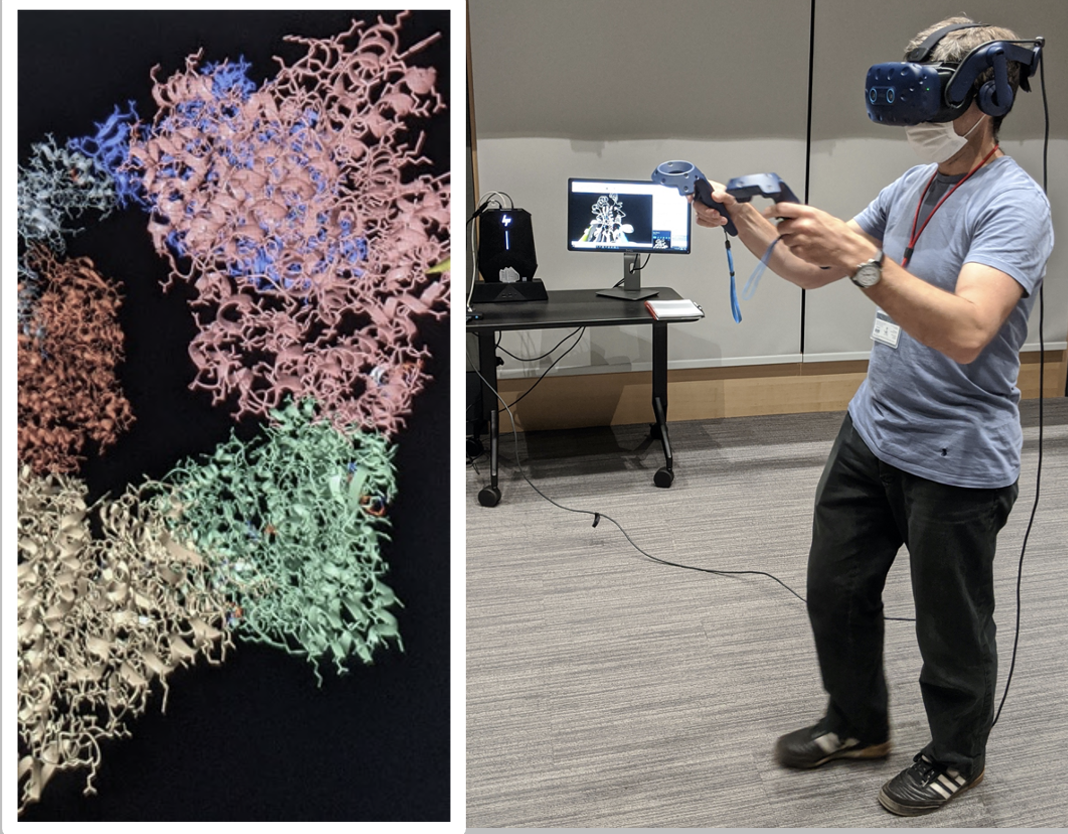 A person wearing a VR headset looks at an image of a protein