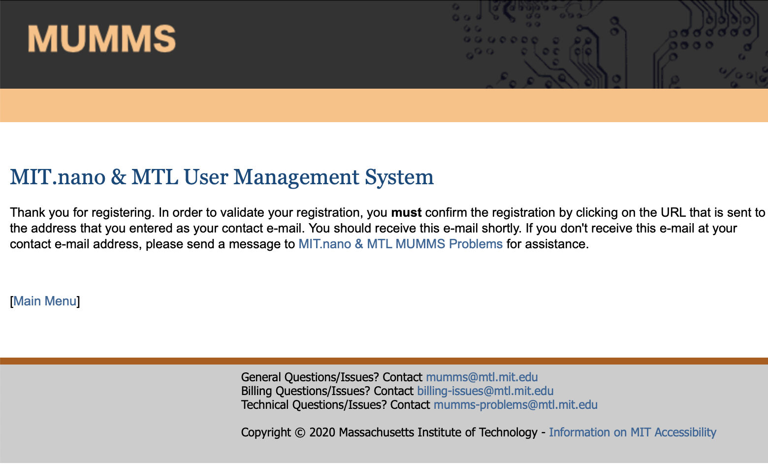 MUMMS registration confirmation