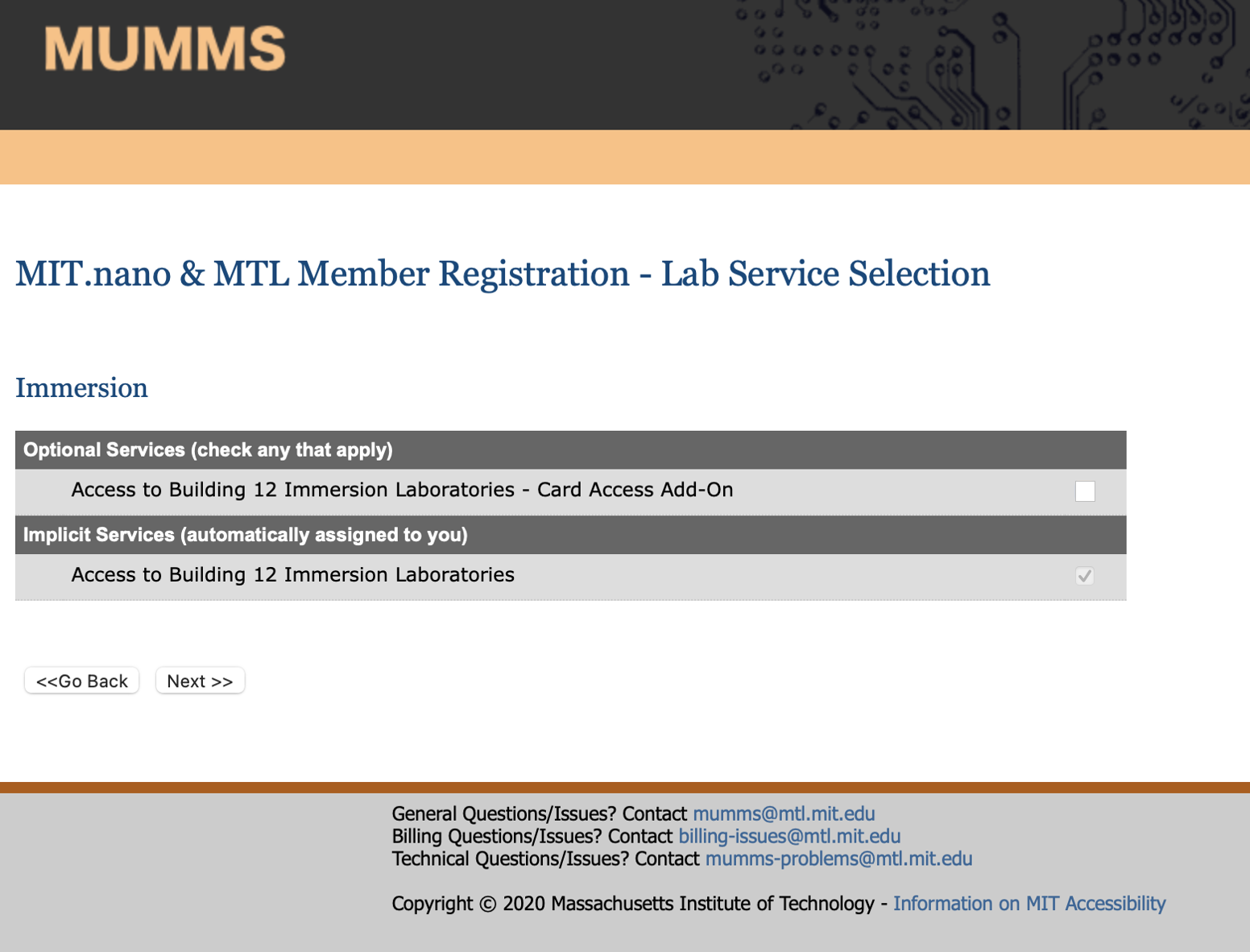 MUMMS Lab services selection