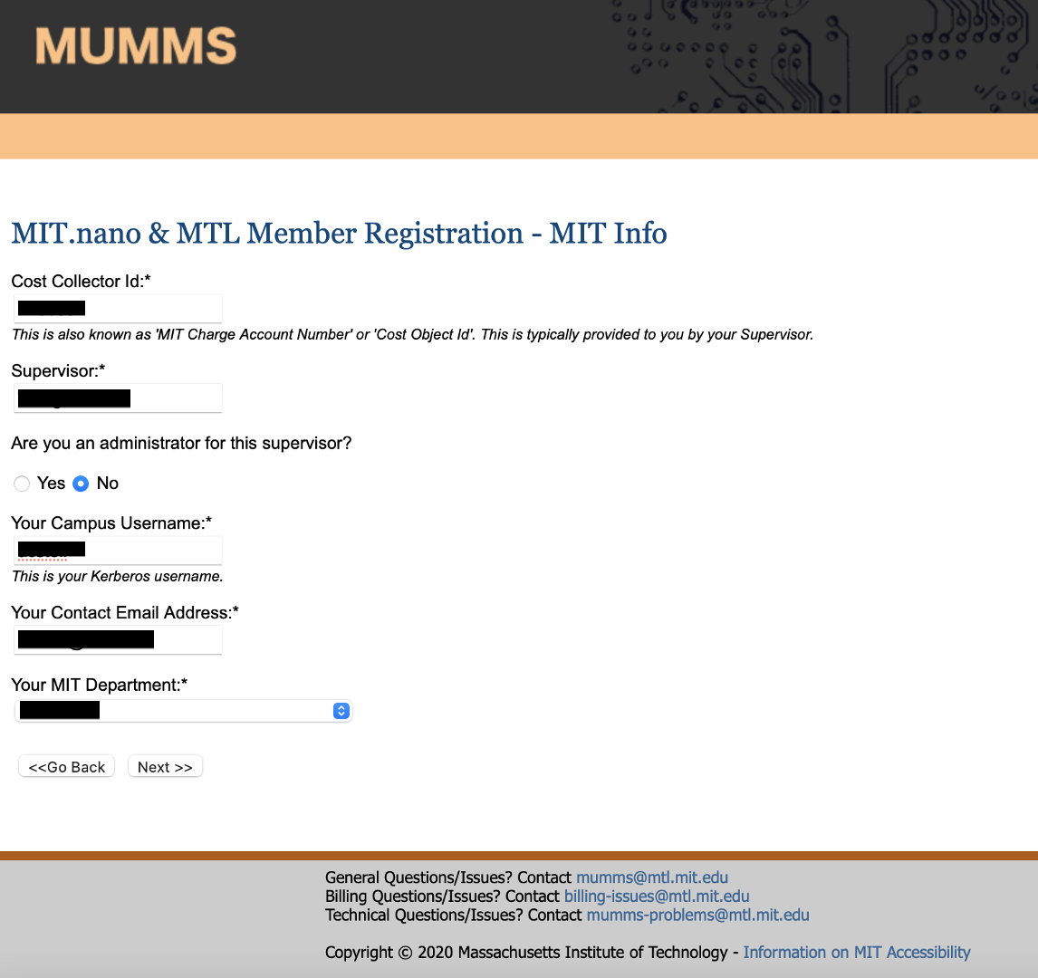 MIT Info page in MUMMS registration